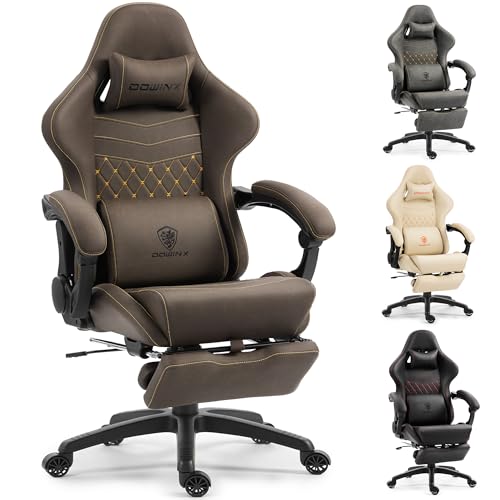 Dowinx Gaming Stuhl ergonomisch mit zweistufig ausziehbarer Fußstütze, Massage-Lendenkissen, Gaming Chair mit Bürokomfort für langes Sitzen, bis 200 kg belastbar, Rückenlehne 165°, Braun
