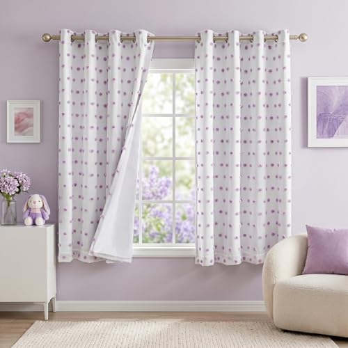 Image of MEETSKY Purple Blackout Curtains for Girls Bedroom,Pom Pom Curtain 50x63 in | 100% Blackout Light Blocking Drapes,Nursery /Kids /Girls Curtains,Room Darkening,Thermal Insulated Grommet Drape,2 Panels Set