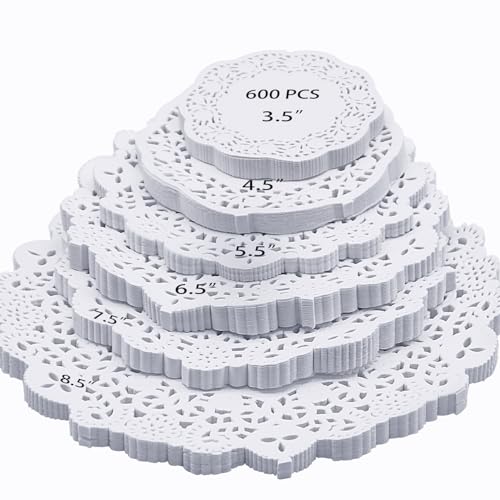 ZOENHOU 600 PCS Round Paper Doilies, 3.5, 4.5, 5.5, 6.5, 7.5, 8.5 Inch Lace Doily Paper, Bulk Round Decorative Paper Placemats for Desserts, Cakes