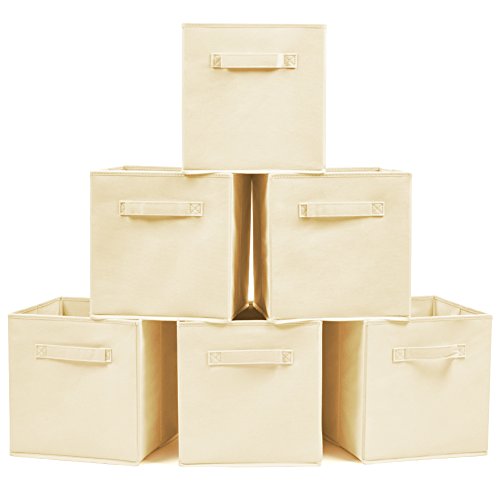 EZOWare Set of 6 Foldable Fabric Basket Bin Collapsible Storage Cube For Home, Shelf Cabinet (Beige)