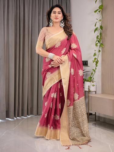 Image of ALMAARI FASHION Handloom Cotton Saree, Pink and Beige with Lotus Motifs, Silver Zari Border, 5.5 Metres