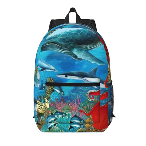 Sac à dos scolaire avec poche motifs requin et pieuvre confortable et léger