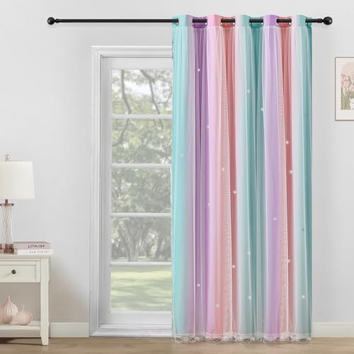 Image of XiDi Extra Wide Curtains 84 Inches Long for Girls Bedroom Sliding Glass Door Kids Blackout Curtains for Nursery Room Darkening Rainbow Princess Unicorn 1 Panel 70 Inch Wide Pink Purple Green 70W x84L
