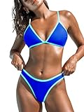 CUPSHE Women's Bikini Sets Two Piece Bathing Suit Deep V Neck Spaghetti Adjustable Straps Color Block Low Rise Cheeky Bottom,L