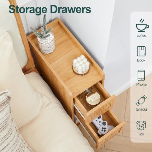 Image of Narrow Nightstand Set of 2, Wooden Small 2 Drawer Nightstand, Slim Side End Table, Skinny Bedside Table, Mid Century Modern Night Stand with Drawers for Bedroom (Yellowish Natural)