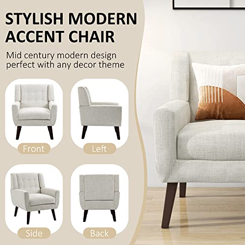 Uixe Comfy Arm Accent Chairs Set Of 2, Mid Century Modern Armchair Living Room Sofa Chair With Wooden Legs For Bedroom, Linen Fabric Button Tufted Upholstered Reading Chair For Home Office (Beige) #TOP4