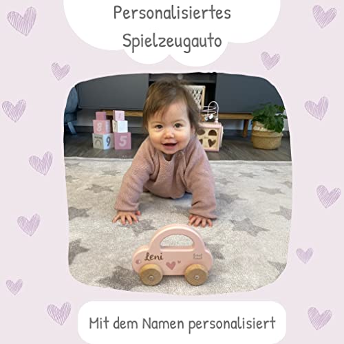 KIDSLINO Holz Spielzeug Auto rosa - personalisierbar I Geschenk zur Geburt & Taufe I Handmade Holzspielzeug ab 1 Jahr I Personalisierte Geschenke Baby I Holzauto mit Name & Geburtstdaten