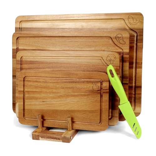 WILLKOMMEN Lot de 4 planches à découper en acacia pour cuisine, planche à découper en bois massif avec rainure pour jus, parfaites pour la charcuterie et la coupe sans effort de viande, légumes, pain