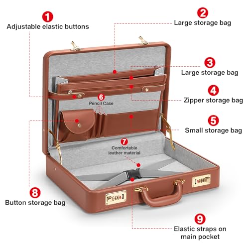 17.5x13.5x3.5 Inch Briefcases for Men - Vintage Hard Case Attache with Dual Combination Lock - PU Leather Locking Brief Case, Partitioned Storage for Laptop Document Phone Passport, Brown4