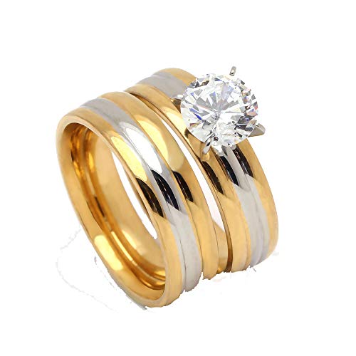 Tabitha Solitaire Wedding Ring Set for Women by Ginger Lyne | Two Gold Gold over Stainless Steel 1 Ct Engagement Ring and Matching Wide Wedding Band Set | Cubic Zirconia Bridal Jewelry2