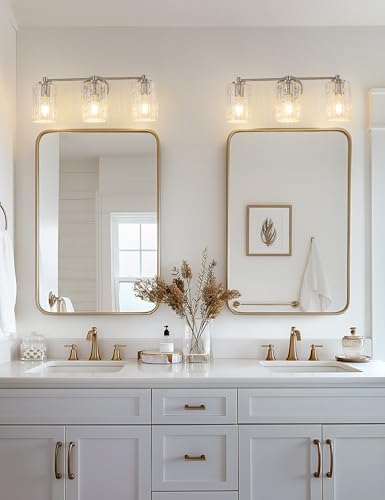 Image of DORESshop Bathroom Light Fixtures, 3-Light Brushed Nickel Bathroom Lighting Fixtures Over Mirror, Modern Vanity Lighting with Crystal Glass Shade, Wall Sconce for Mirror Bedroom Dressing Room Hallway