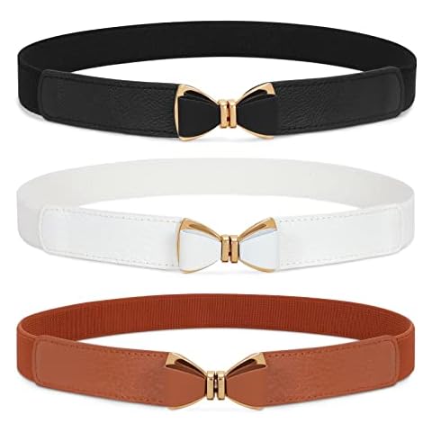 WHIPPY 3 Pack Women Skinny Elastic Belt Metal Buckle Retro Stretch Waist Belt for Dress Cover