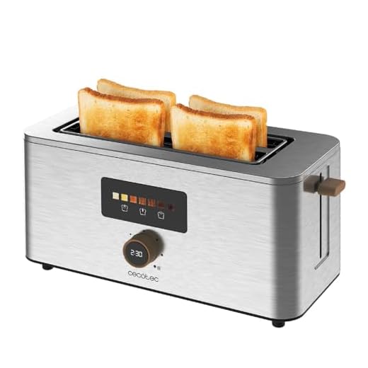 Cecotec Tostadora Vertical 2 Ranuras Largas Touch&Toast Extra Double. 1500 W, 4 Rebanas de Pan, Ranuras Extra Anchas 3,5 cm, Pantalla Táctil y Perilla Digital, Acabados en Acero Inoxidable