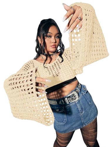 Image of Floerns Women's Plus Size Boat Neck Long Sleeve Hollow Out Crochet Cropped Sweater
