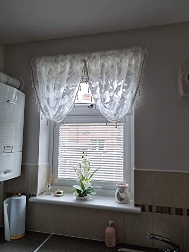 NAPEARL Grey Window Valance-Beaded Organza Sheer Bathroom Valance Curtains, Jacquard Waterfall Valance for Windows, Dining Room, Kitchen ( 1 PCS, 57 x 37 Inch )