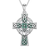 Seiyang Collar con colgante de cruz de trébol de cuatro hojas para mujer, plata de ley 925, trébol verde, collar de Claddagh irlandés, regalo de joyería para mamá, esposa, abuela, cumpleaños, día de