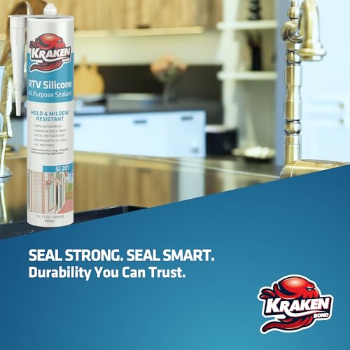 Image of Kraken Bond Brown Silicone Sealant Waterproof% 100-10 fl oz Cartridge - RTV Silicone Caulk Kitchen and Bathroom, All Purpose, Window Caulking Sealant Outdoor Exterior Use Silicon, Gun Incl - 12 Pack