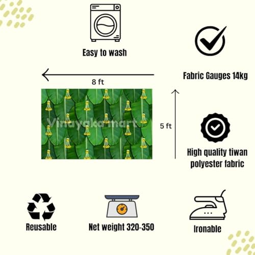 Image of Lakshmi Pooja Background | Banana Backdrop Decoration Cloth | Banana Leaves Backdrop Cloth for Decoration Pooja Yellow Flowers | Decorations Backdrop 5x8 feet | Pooja Backdrop Cloth