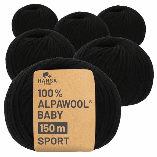 HANSA-FARM | 100% Baby Alpakawolle in 50+ Farben (kratzfrei) - 300g Set (6 x 50g) - weiche Alpaka Wolle zum Stricken & Häkeln in 6 Garnstärken by Hansa-Farm - Schwarz