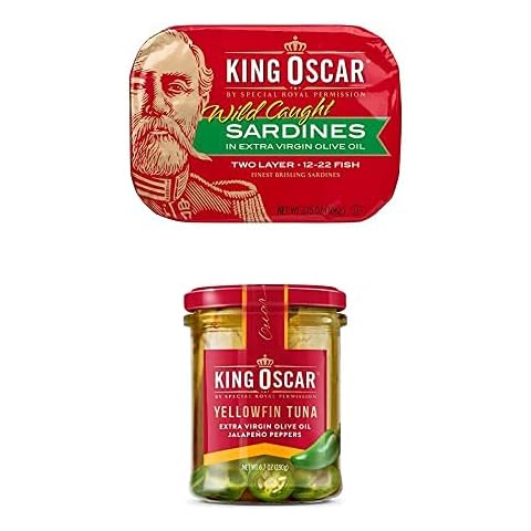 King Oscar Sardines Extra Virgin Olive Oil, 3.75 oz. cans (Pack of 12) + King Oscar Yellowfin Tuna Fillets in Extra Virgin Olive Oil, Jalapeño Peppers, 6.7 oz. (Pack of 6) Cover