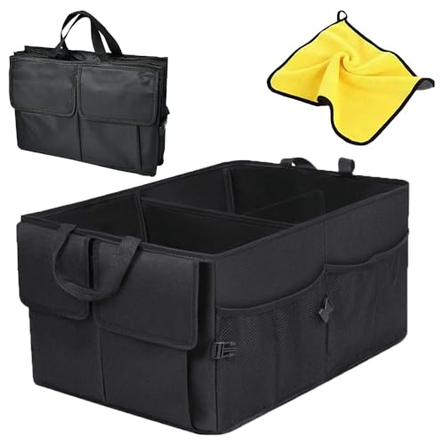 CLOUDFOUR Car Trunk Organizer Foldable Car Storage Organizer Car Tidy Multi Compartment Trunk Storage Organizer for Tools Car Storage Box with Microfiber Car Cleaning Towel