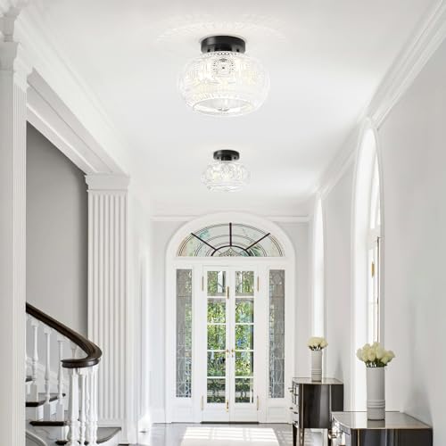OYKYOHEI Semi Flush Mount Ceiling Light, Globe Glass Ceiling Light Fixture, Black Modern Lighting for Hallway Porch Corridor Kitchen Bedroom, Bulb Not Included