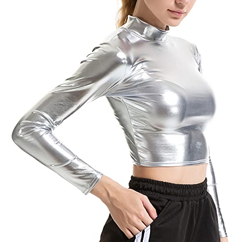 inlzdz Damen Metallic T-Shirt Langarm Kurzes Top Glänzend Langarmshirt Bauchfrei Bluse Top Stehkragen Shirts Oberteile Glitzer Pullover Party Club Kleidung Silber S Cover