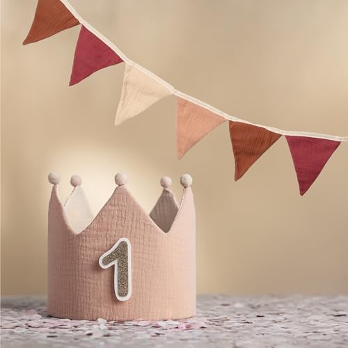 Little Goods Geburtstagskrone für Kinder inkl. Wimpelkette/Girlande - wendbare Musselin-Stoffkrone mit Zahlen 0-9 - Krone für Jungen und Mädchen, Pastell - Rosa - Beige