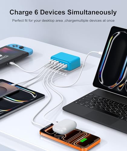 Image of Fast Charger Block, GaN 6 Port USB C Charging Station Hub Cube, 100W Multiport Type C Wall Charger Power Strip Plug with PD+QC for iPhone 16 15 14 13 12 1 Pro Max XR XS 8 7, Samsun.g, iPad, Table