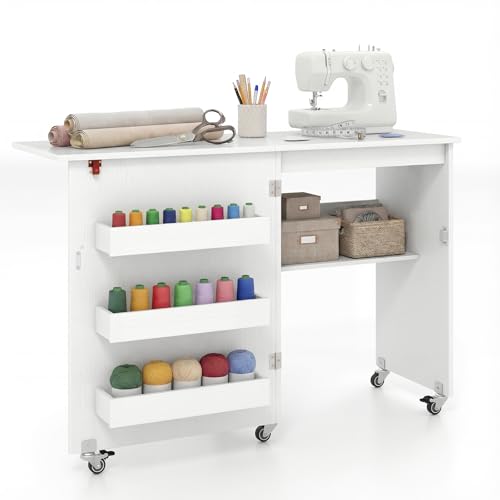 GIANTEX Nähtisch klappbar Nähmaschinentisch auf Rollen Nähtisch für Nähmaschine Nähschrank Holz Mehrzwecktisch für Wohnzimmer Arbeitszimmer Schlafzimmer (Weiß)