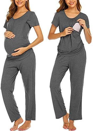 Ekouaer Breastfeeding PJ Set Soft Cotton Nursing Pajamas Short Sleeve Tops with Pants Loungewear Set for Women Dark Grey L