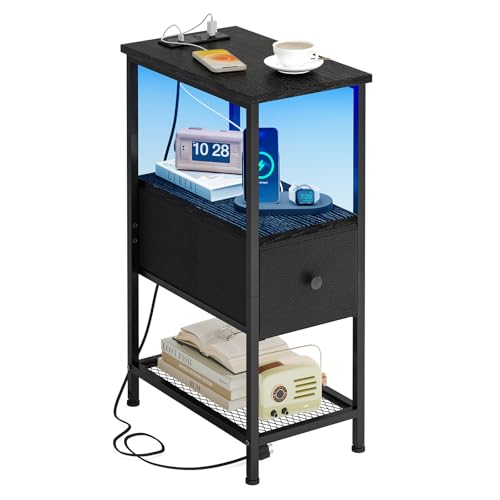 Fixwal Narrow Side Table with Charging Station and LED Light, Skinny Nightstand with 1 Fabric...