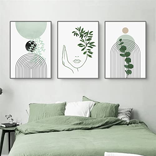Sarah Duke Lot de 3 posters modernes abstraits - Peinture murale naturelle sur toile - Plante verte - Décoration murale pour salon et chambre à coucher...
