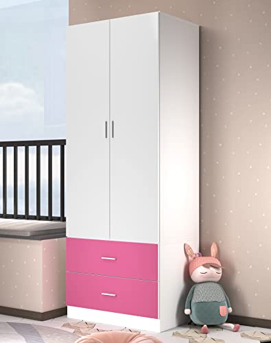 URBNLIVING Armadio moderno per camera da letto matrimoniale con 2 ante e 2 cassetti, armadio armadio (carcassa bianca + cassetti rosa)