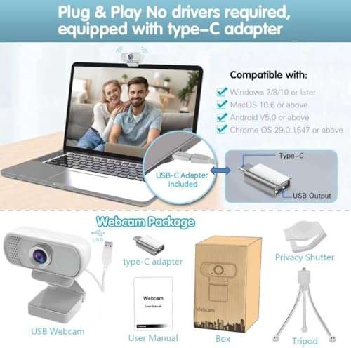 Image of ZIQIAN USB C Webcam 1080P | Live Streaming Web Camera with Stereo Microphone | Desktop or Laptop USB Web cam 110 Degree View Angle | HD for Switch 2,Video Calling, Recording, Conferencing, Gaming