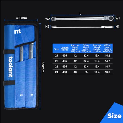 Image of toolant 4PCS Extra Long Ratcheting Wrench Set, Gift for Men, Flex Head & Fixed Offset Head Double Box End Combination Wrench Set, CR-V Steel, Metric 21-24mm, 4PCS with Rolling Pouch
