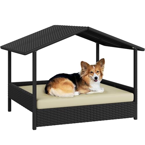 Yaheetech Wicker Dog Bed with Canopy Raised Rattan Dog House Indoor Outdoor with Removable Cushion for Small and Medium Dogs Pet Shelter for Living Room Yard Garden Pool