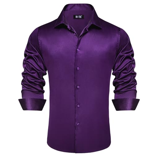 Image of Hi-Tie Men's Silk Satin Dress Shirts Long Sleeve Shiny Casual Button Up Shirts Luxury Party Disco Prom Wedding Shirt