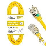 HONDERSON Indoor Outdoor Extension Cord Weatherproof with Lighted End, UL Listed, 12 Gauge 10FT Yellow 3 Prong Heavy Duty, 12/3 SJTW 15A Power Cord for Outdoor Lights, Lawn