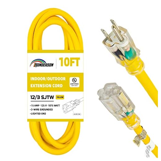 HONDERSON 10FT 12/3 Lighted Outdoor Extension Cord - 12 Gauge 3 Prong SJTW Heavy Duty Yellow Extension Cable with 3 Prong Grounded Plug for Safety,UL Listed