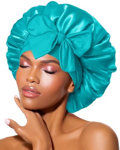 BONNET QUEEN Double Layer Silk Bonnet for Sleeping for Women Satin Lined Bonnet Night Cap for Curly Hair with Tie Band, Single Layer, Aqua Blue