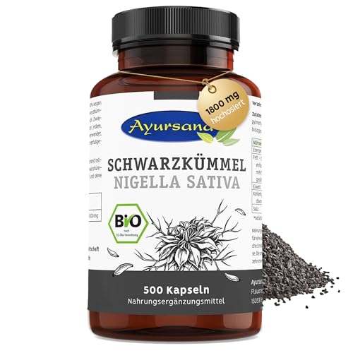Ayursana Bio Schwarzkümmel 500 Kapseln – 1800 mg hochdosiert Schwarzkümmelpulver + 372 mg HMPC pro (Tagesdosis) – Nigella Sativa aus Ägypten – Vegane hochwertige Supplemente ohne Zusatzstoffe