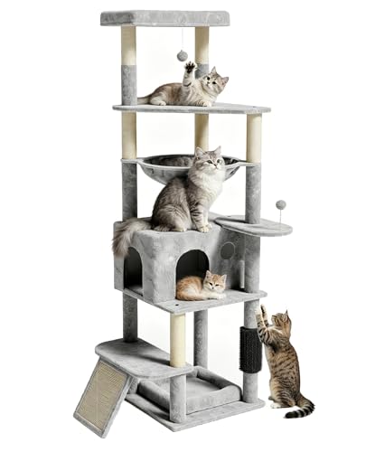 Image of Multi-Level Large Cat Tree, 66 Inches Tall Cat Tower with Scratching Posts, Condo, Hammock, Dangling Ball,and Extended Platform for Cats to Play and Sleep,Gray Cat Bed