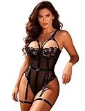 comeondear Sexy Lingerie for Women Sets Lace Trim Teddy Lingerie Mesh Bodysuit Built-in Crotch Buttons, Plus Size Sexy Nightwear Strappy Suspenders Outfits with Thigh Garter Black 12 14