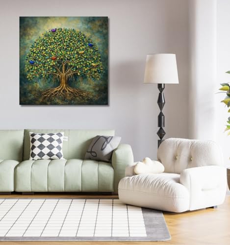 Image of Kunj Cart Kalpavriksha Tree Painting | 8+ DESIGNS | Kalpvriksh Tree Wall Painting | Lucky Tree Wall Art For Living Room, Bedroom and Office Decor | Canvas Painting for Wall Decoration (Design - F, 24x24 Inch, Framed)