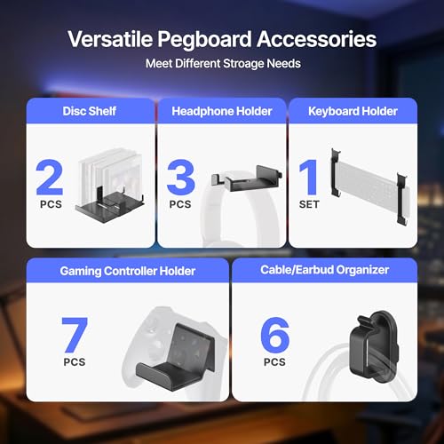 Image of PEGZONE Controller and Headphone Holder Wall Mount, Modular Gaming Pegboard with Accessories, Controller Stand for Xbox PS5 PS4 Switch, Video Game Storage, Disc Shelf, 14pcs Pegboard, Black & Red