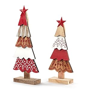 Demdaco primitive tree red and white 165 inch layered fir wood christmas decor figurine set of 2  urban country home decor