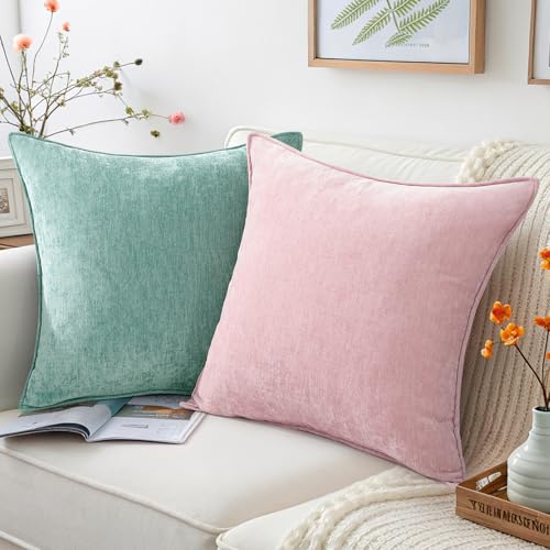 decorUhome Couch Throw Pillow Covers 18x18 Set of 2, Decorative Soft Euro Neutral Chenille Pillow Covers with Elegant Design for Sofa Bed Living Room Home Decor, Blush Pink
