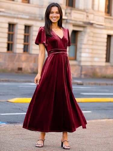 Image of Simplee Women's Velvet Maxi Dress V Neck Short Sleeve Empire Waist Semi Formal Long Cocktail Dresses