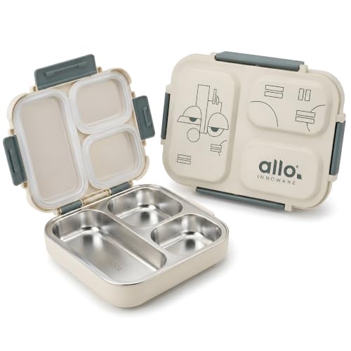 Image of Allo Bento Stainless Steel Lunch Box for Adult- BIS Approved, 304 Stainless Steel 3 Compartment Leakproof Tiffin Box for Boys and Girls for School, Travelling, Office, 740ml Green